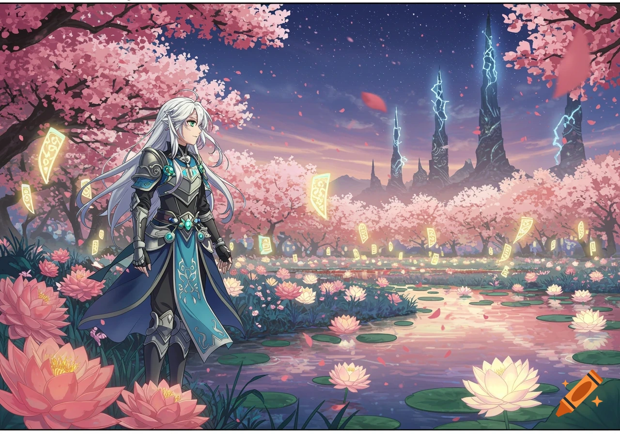 Anime character in ornate armor stands in a vibrant cherry blossom garden with glowing lotus flowers on a pond at dusk.