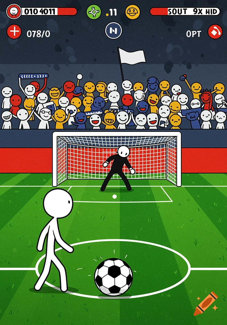 2D cartoon image of a stickman about to kick a soccer ball towards a goalkeeper in front of a cheering crowd at a stadium.