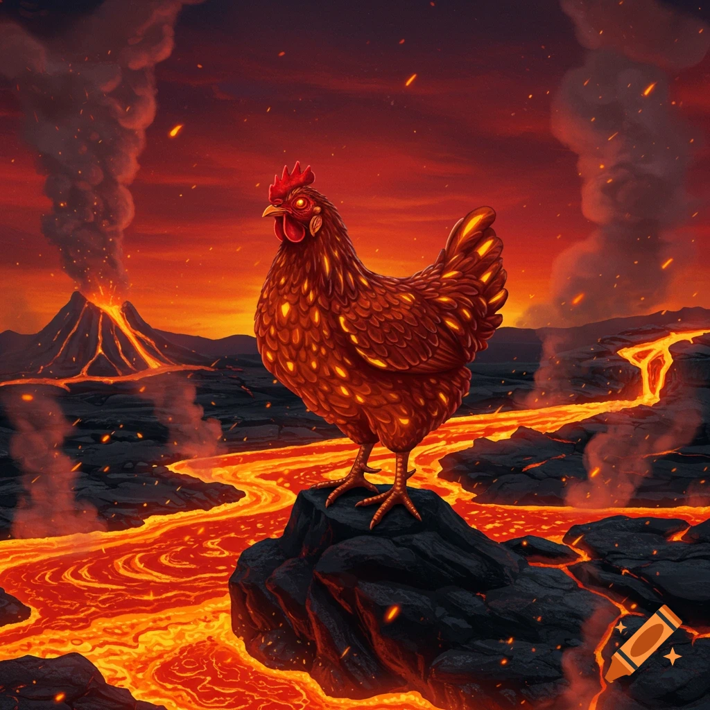 A vibrant, illustrated lava chicken stands on a rock amidst erupting volcanoes and flowing lava rivers under a fiery red sky.