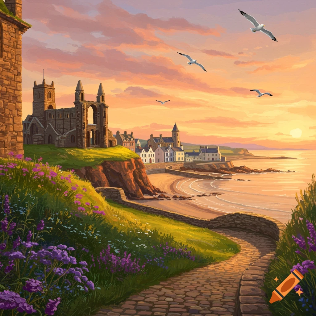 A vibrant sunset over a coastal town with an ancient stone ruin, a beach, and a winding stone path through a hill of wildflowers.