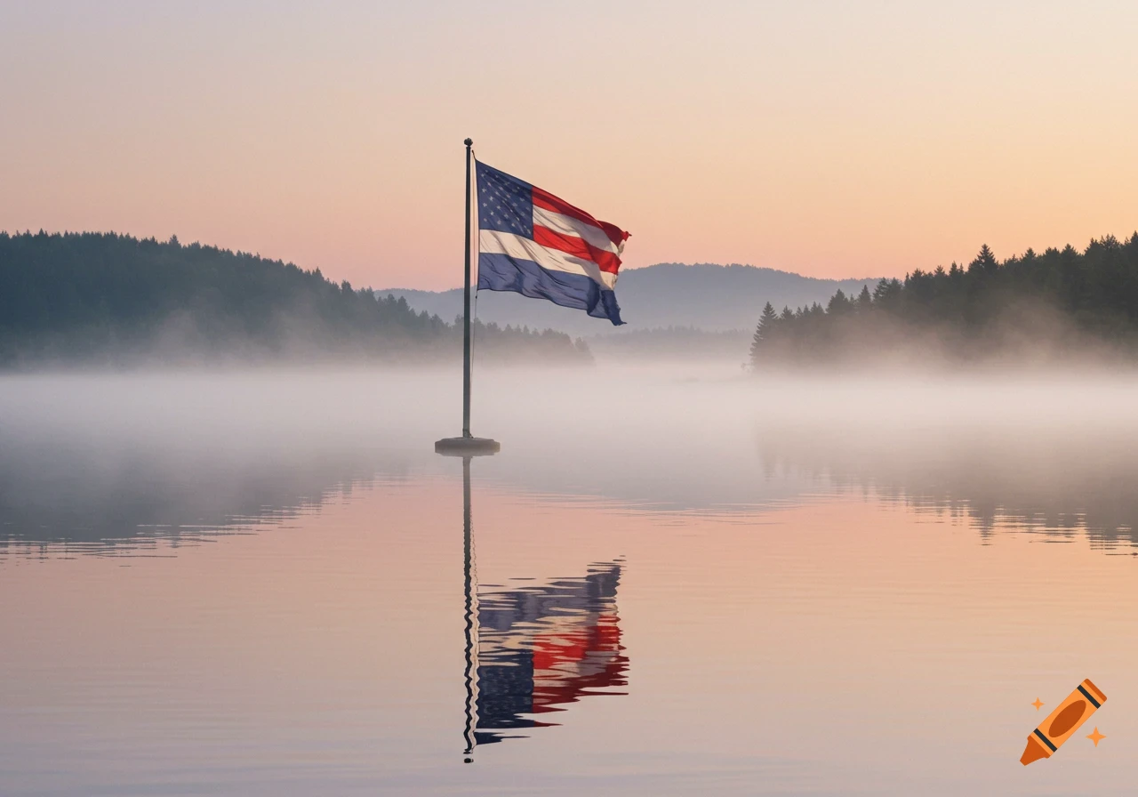 A flag stands in a foggy lake at sunrise with a forest-covered mountain range in the background.