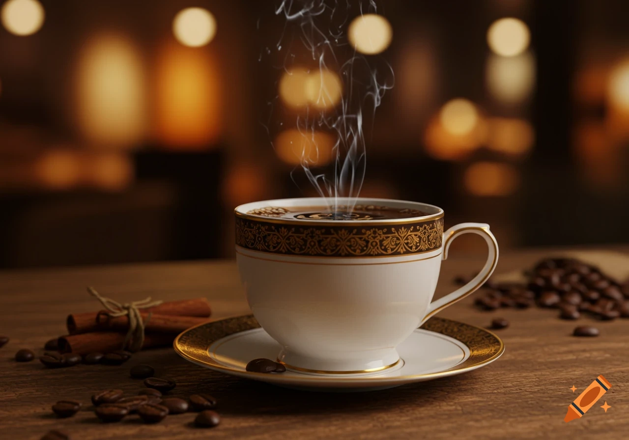 A steaming cup of coffee with a golden pattern on a wooden table, surrounded by scattered coffee beans and cinnamon sticks.