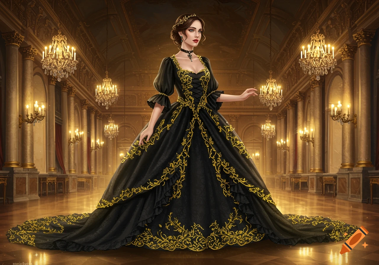 A woman in an elaborate black and gold romantic gown stands in a grand, illuminated ballroom with chandeliers.