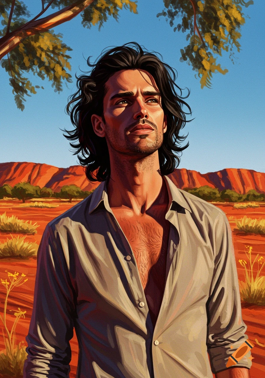 A painterly illustration of a man with long, dark, wavy hair, looking up in a red desert landscape with mountains.