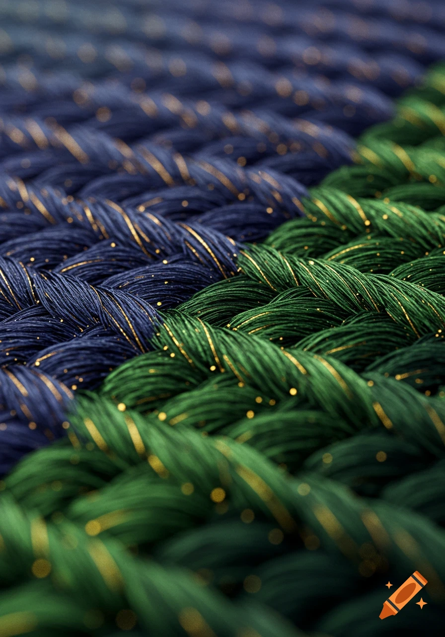 Macro close-up of braided blue and green threads with golden shimmering strands.