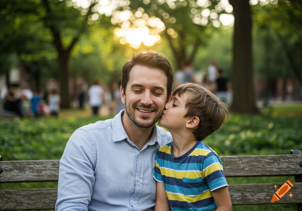 A smiling man with closed eyes receives a kiss on the cheek from a young boy on a park bench during sunset.