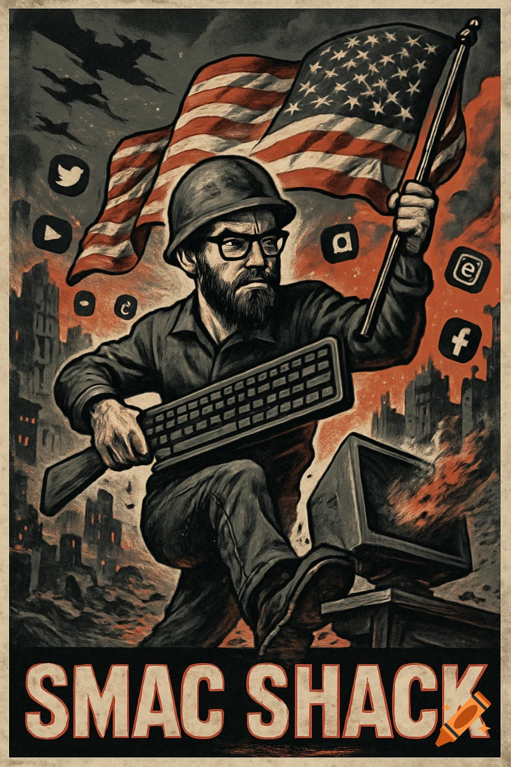 Graphic novel poster: bearded man in army helmet with keyboard and US flag, kicking monitor. Social media icons, war-torn city. Text: SMAC SHACK.