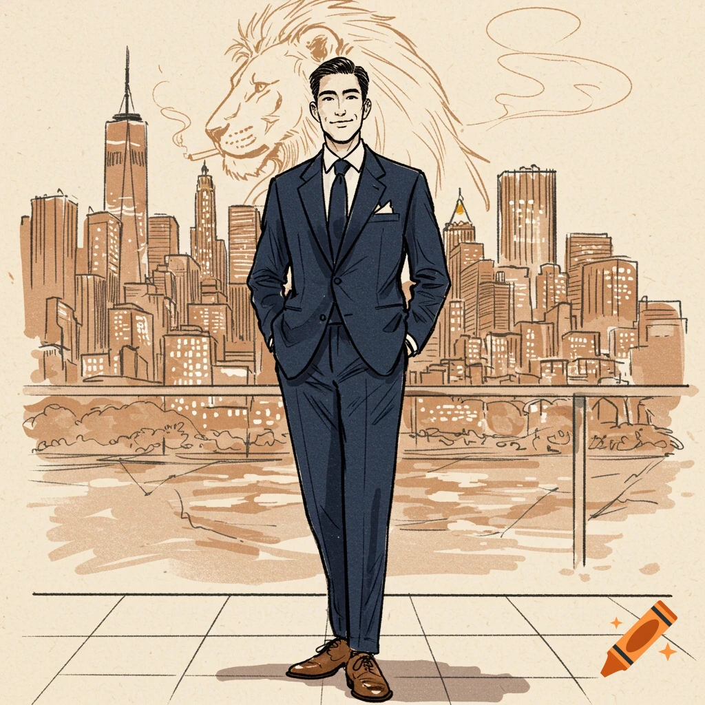 An illustrated man in a dark suit stands before a New York City skyline with a sketched lion head behind him.