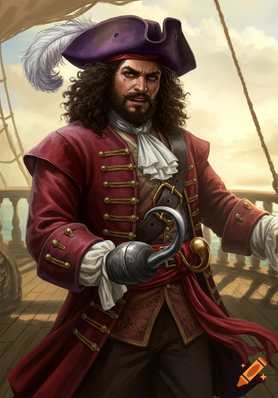 A detailed portrait of a stern Spanish pirate with curly black hair, a purple hat, and a red coat, holding a hook hand on a ship deck.