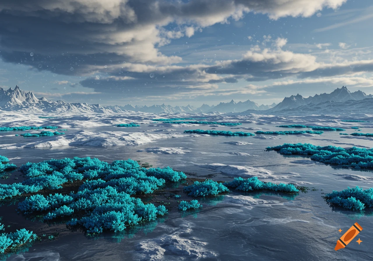 A vast alien landscape of icy plains and water with vibrant turquoise bushes, under a cloudy sky with snow-capped mountains in the distance.