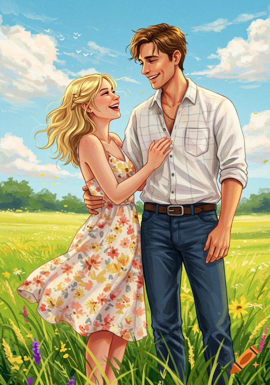 An illustrated couple embraces and smiles at each other in a sunny wildflower field under a blue sky.