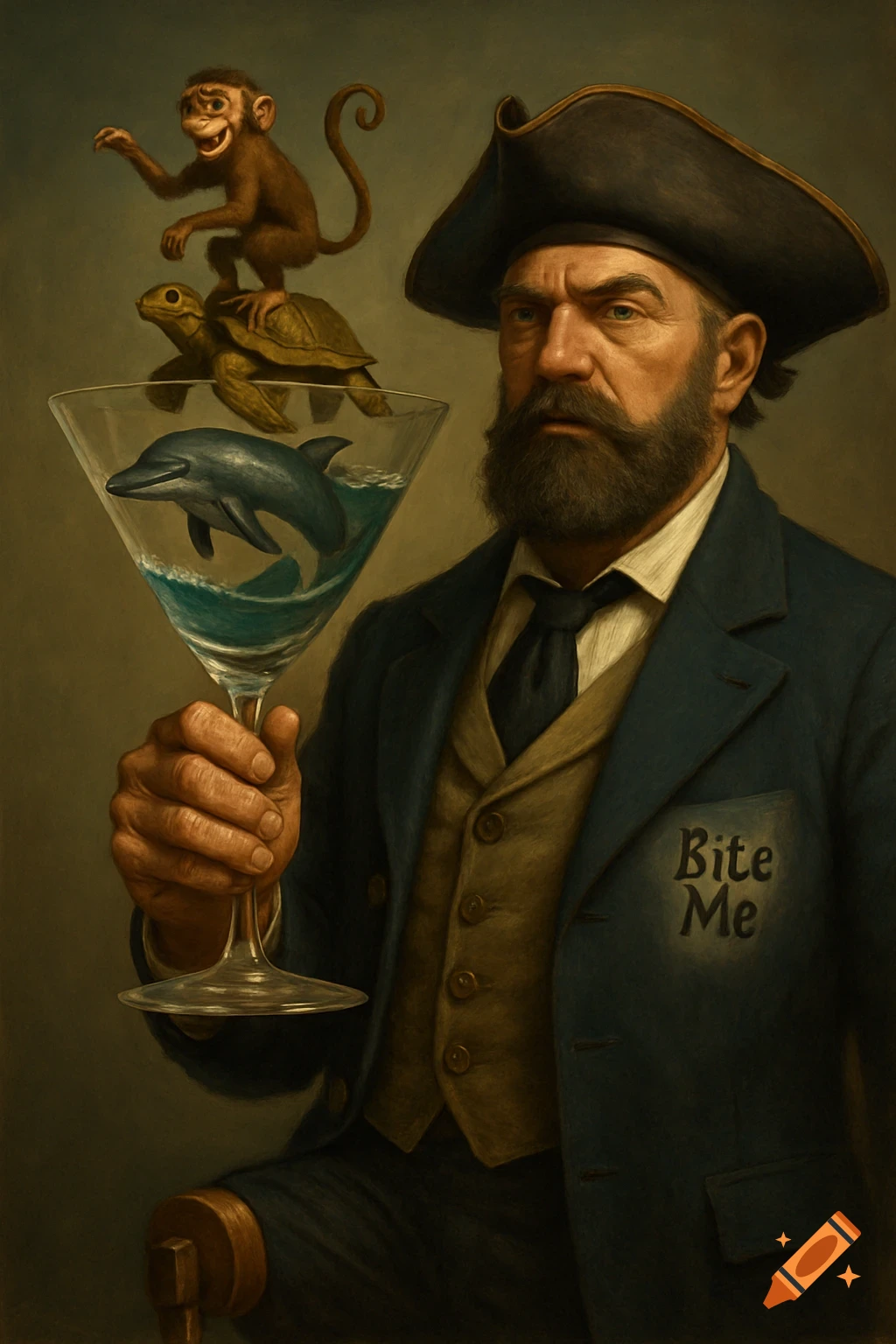 Bearded pirate in a hat and blue coat holds a martini glass with a dolphin, monkey, and turtle. Text 'Bite Me' on chest. Painted portrait.