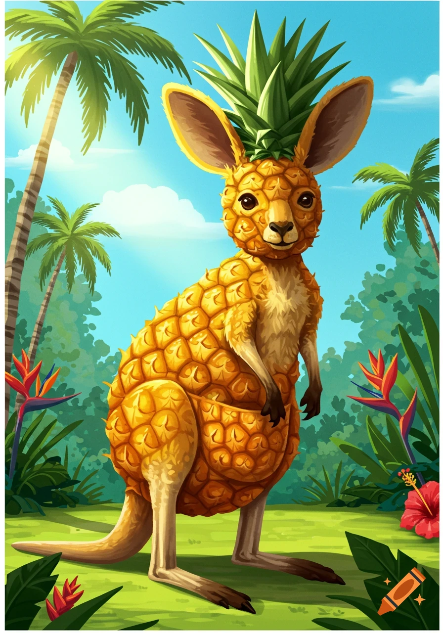Cartoon pineapple kangaroo standing in a lush tropical jungle with palm trees and flowers, digital illustration.