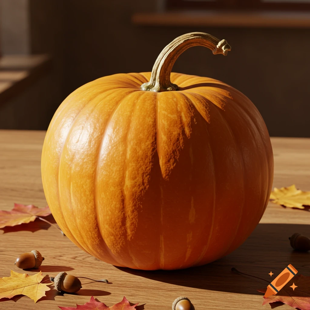 A vibrant orange pumpkin sits prominently on a wooden table, surrounded by scattered autumn leaves and acorns, bathed in warm sunlight.