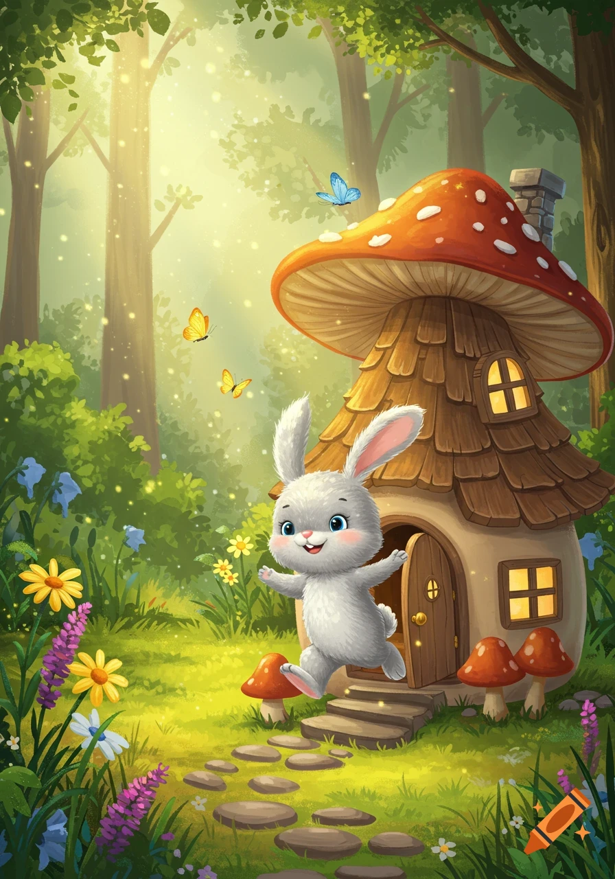 A cute gray bunny hops out of a mushroom house into a bright, whimsical forest with flowers and butterflies.
