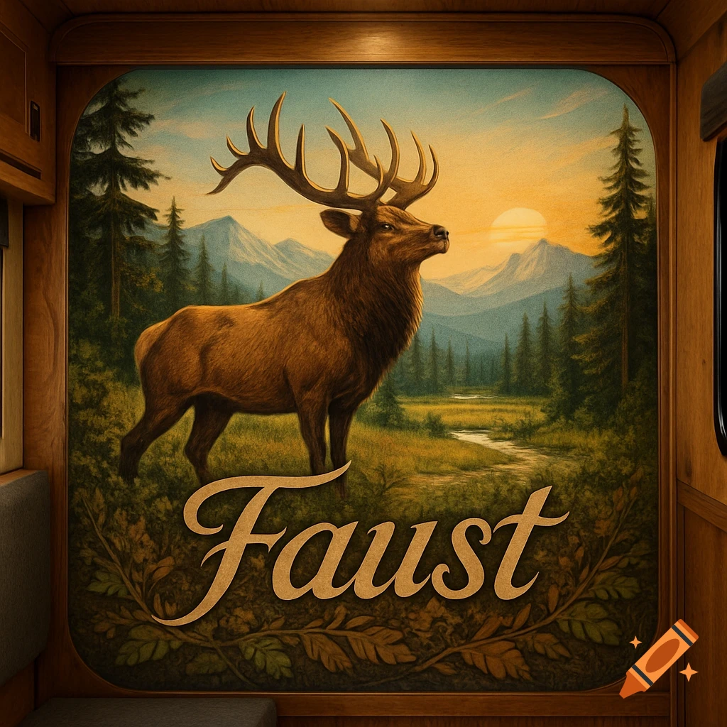 A painting of an elk in a forest with mountains and a sunset, framed as a mural inside a wooden camper, with 'Faust' written below.