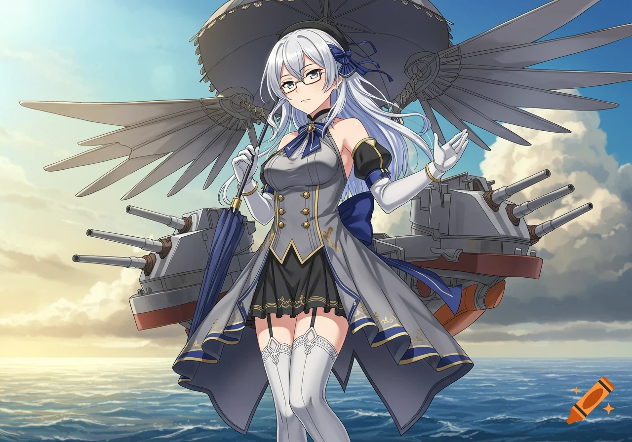 An anime girl with long silver hair and glasses, wearing a gray and blue military-style dress, holding an umbrella, with battleship turrets as wings in a naval setting.