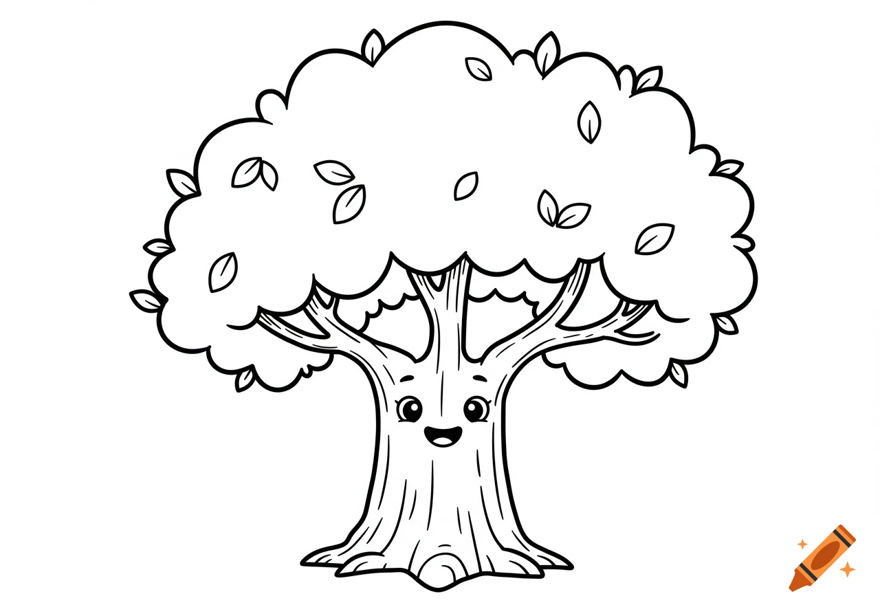 Black and white line art clipart of a happy cartoon tree with leaves.