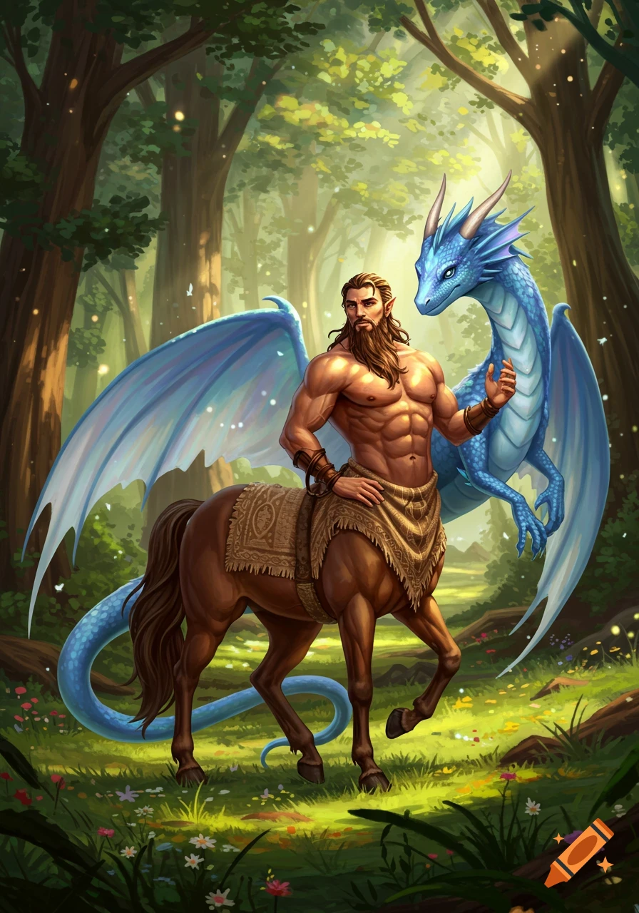 A muscular centaur with a beard stands next to a blue winged dragon in a sunlit forest.