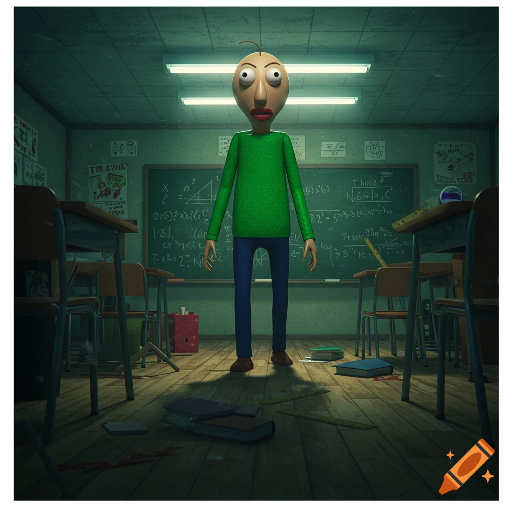 Baldi stands in a dimly lit 3D rendered classroom with scattered books and a blackboard covered in garbled text.