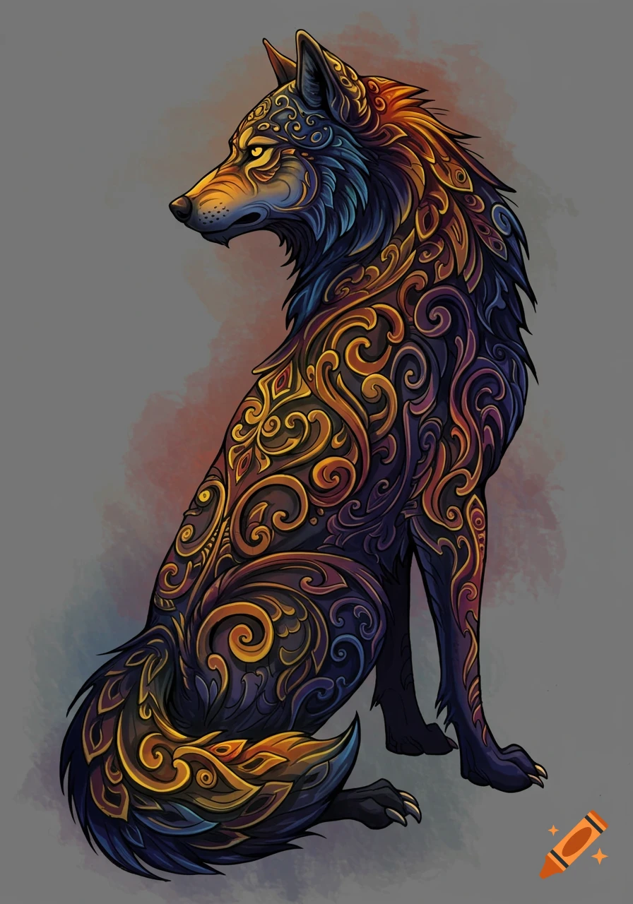 A stylized wolf in a Southeast Asian art style, with intricate gold and purple patterns on its fur, sitting against a muted background.