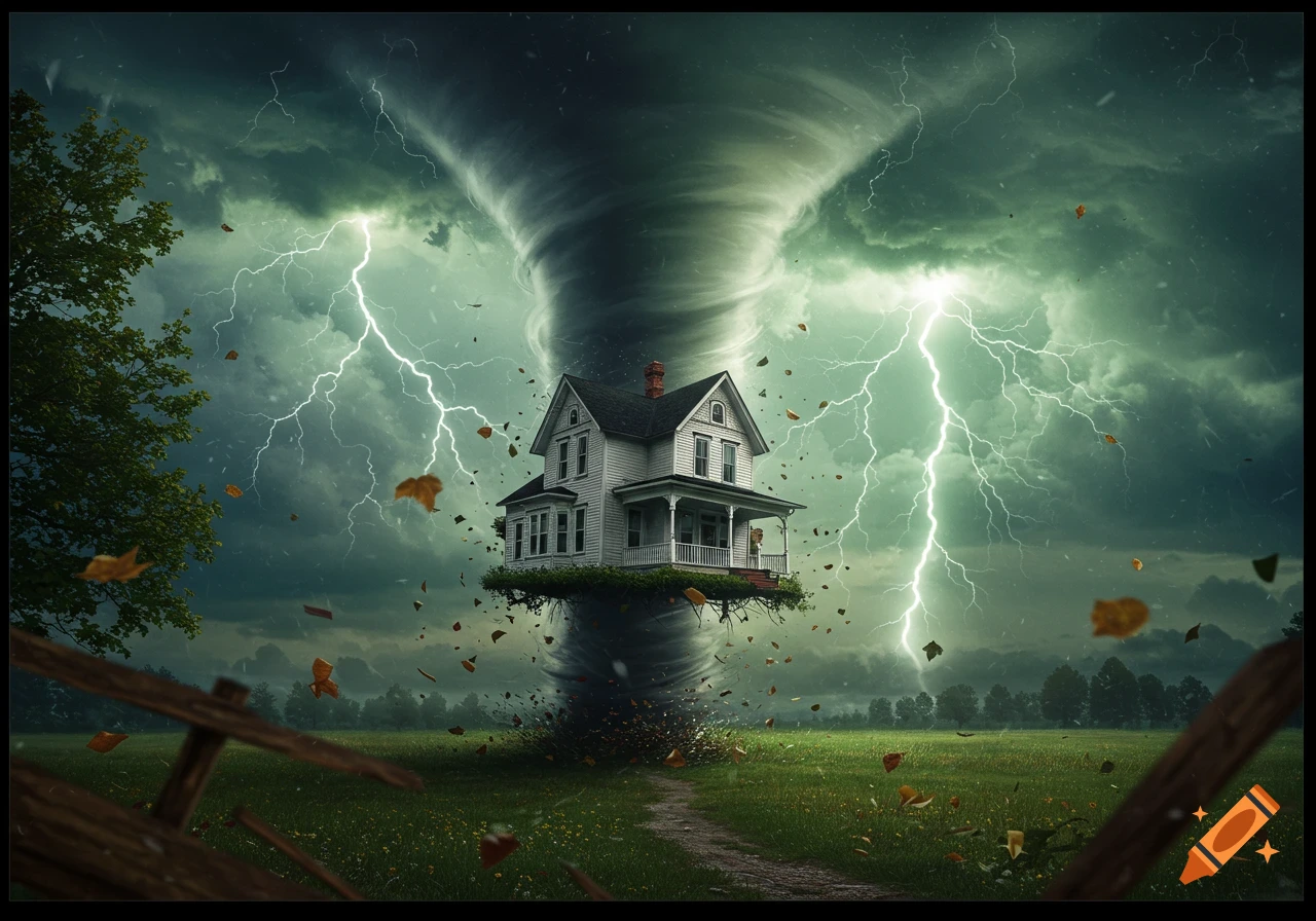 A large tornado lifts a white house into a dark, stormy sky with bright lightning strikes over a green field.