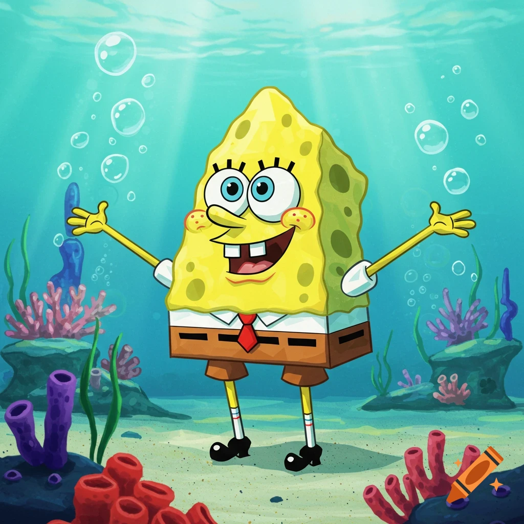 A triangular SpongeBob SquarePants smiles happily underwater amidst coral and bubbles.