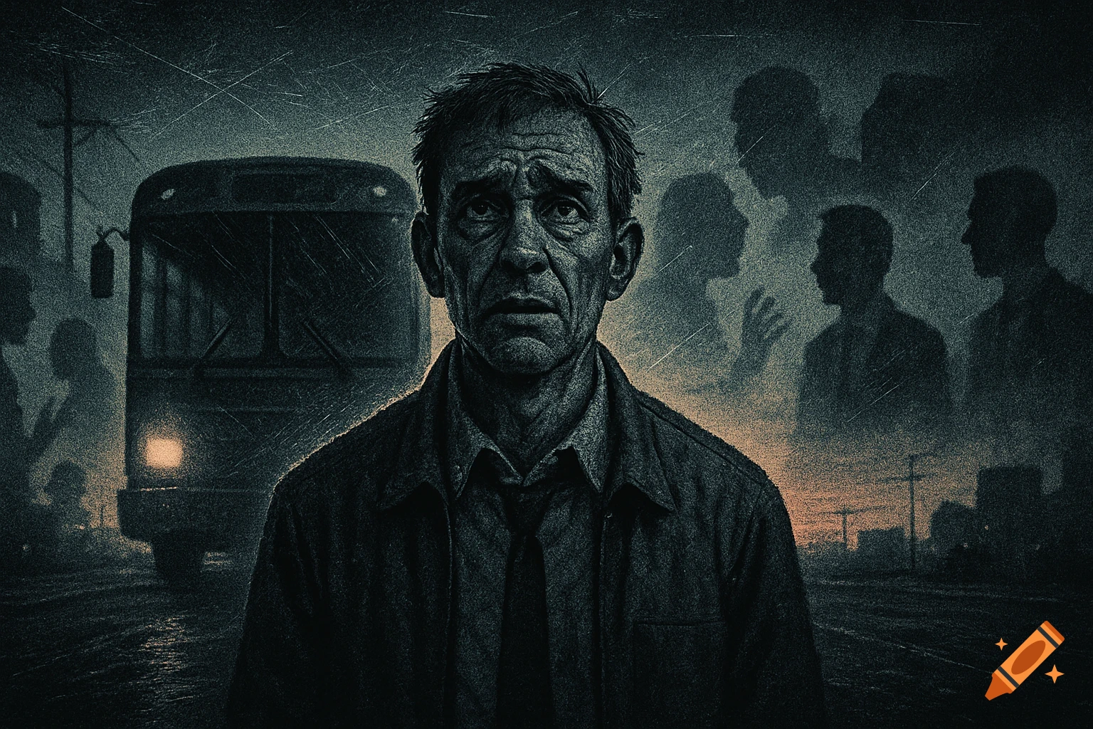 A dark, gritty illustration of a distressed man on an urban street with a bus and shadowy figures behind him.