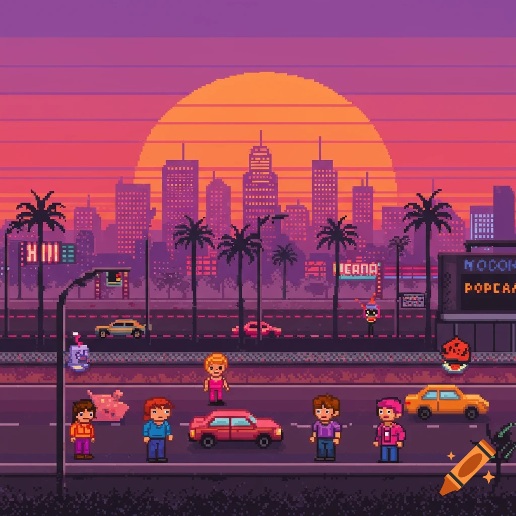 A vibrant retro pixel art cityscape at sunset, featuring a wide street with cars and people in the foreground, palm trees, and a skyline of buildings under a large orange sun.
