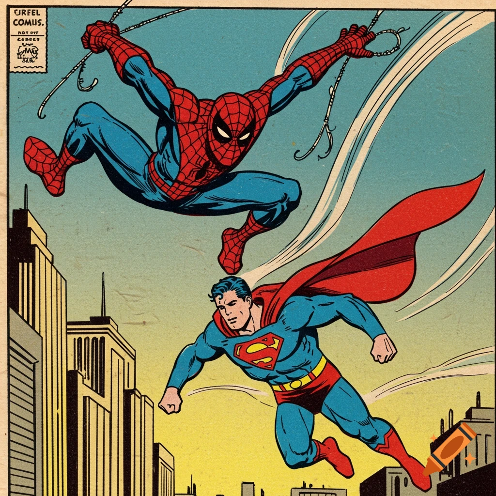 Spider-Man swings above Superman flying over a city skyline, in a vintage comic book art style.