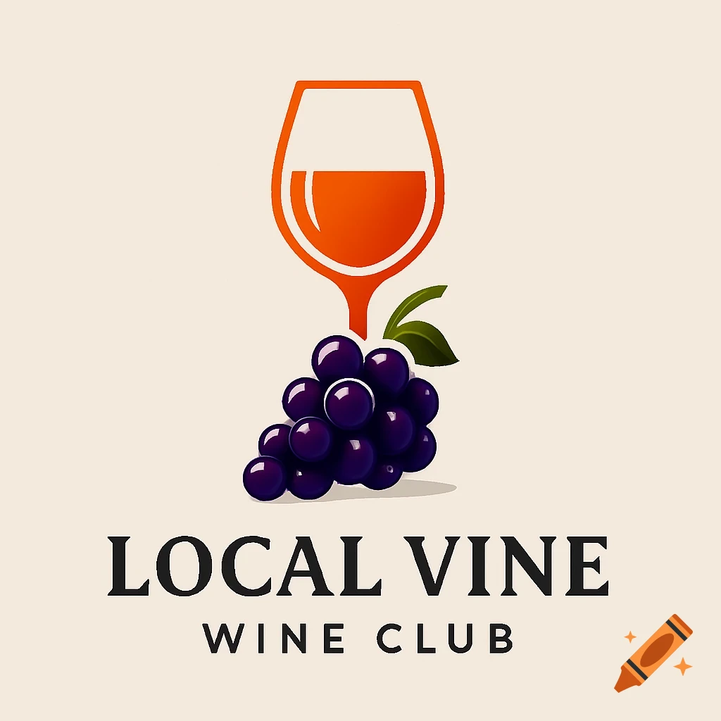A logo for Local Vine Wine Club featuring an orange wine glass above a bunch of purple grapes with green leaves.