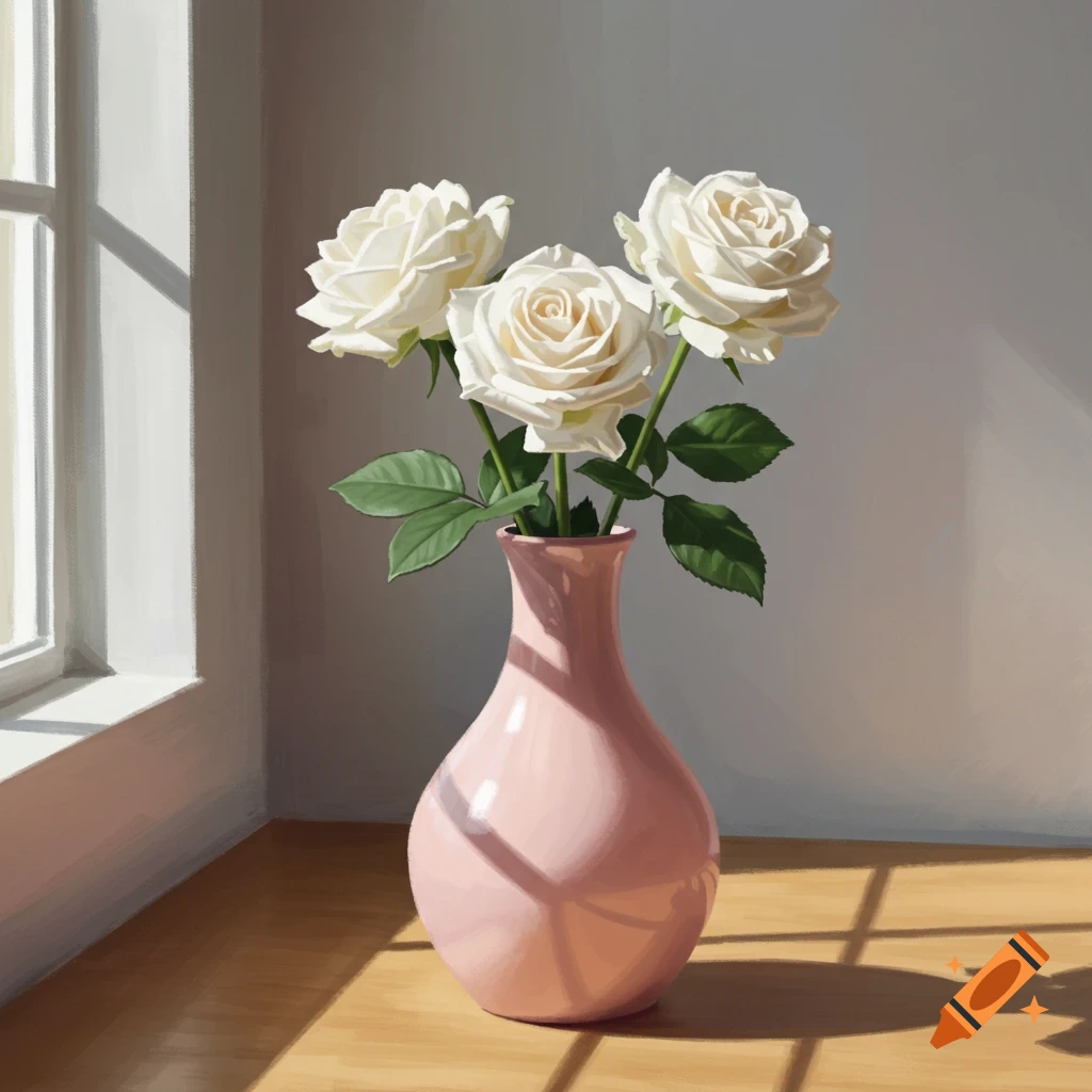 Three white roses in a pink vase on a wooden table near a sunlit window, stylized digital painting.