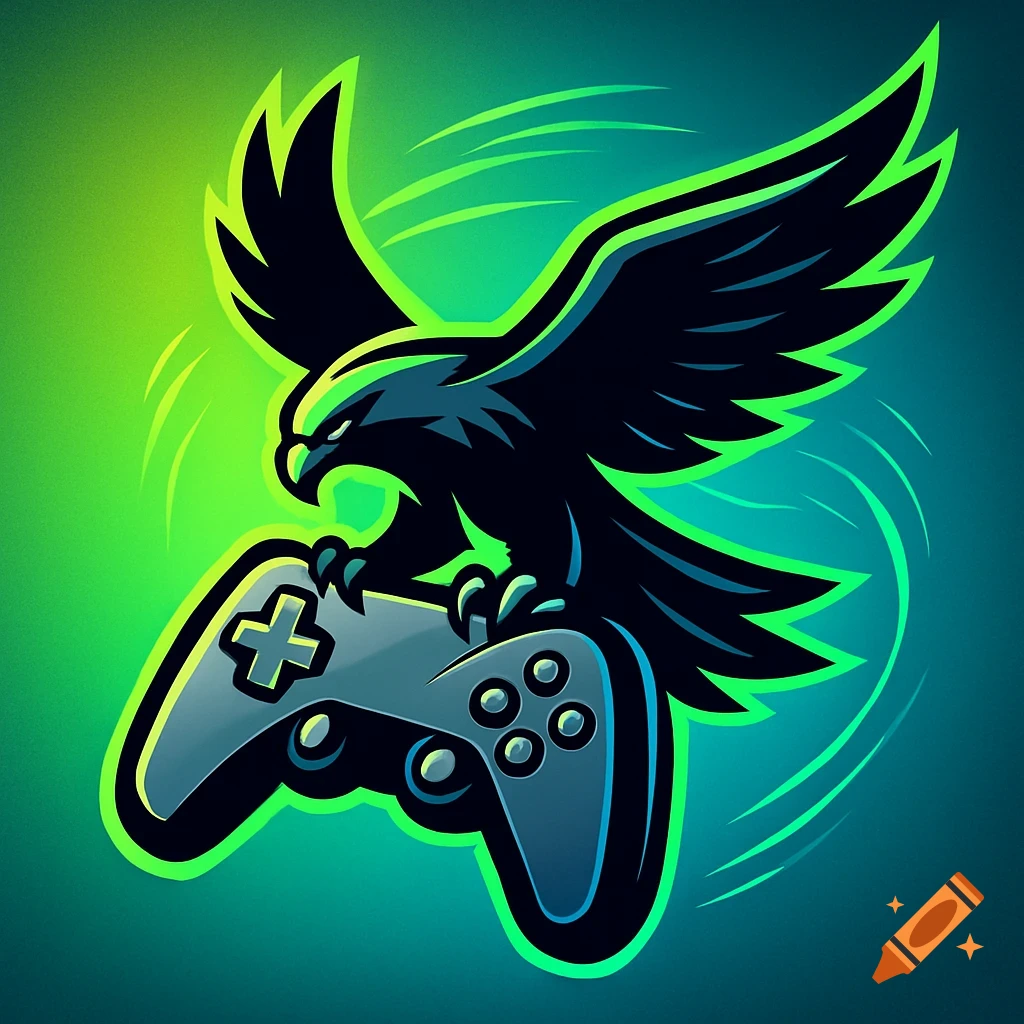 Stylized black hawk logo with green outline perched on a gray video game controller against a green and blue background.