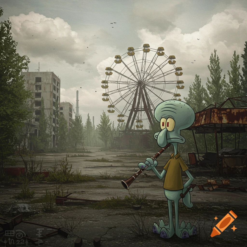 Squidward plays the clarinet in an abandoned amusement park in Pripyat, with a large ferris wheel and overgrown buildings in the background.