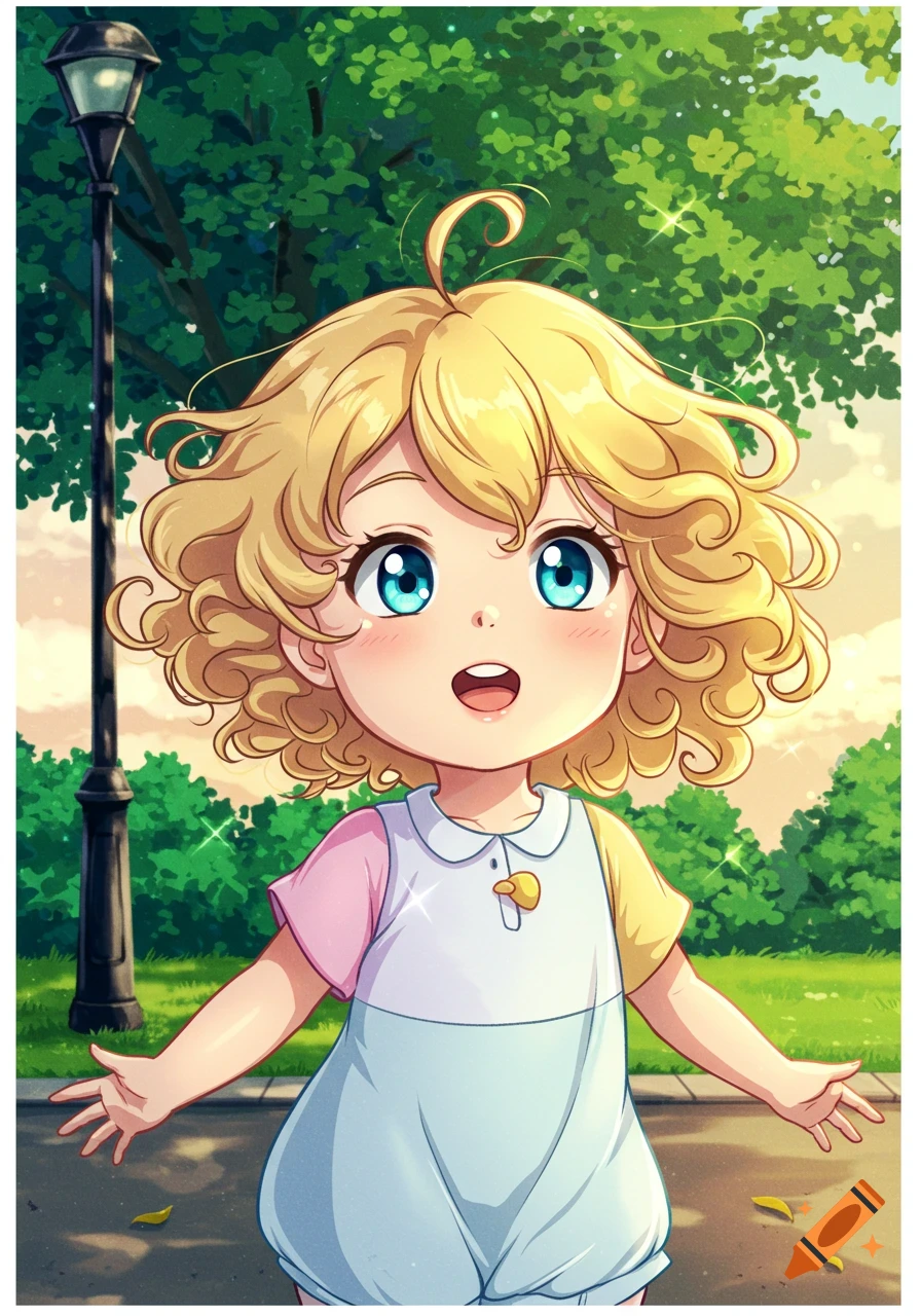 A small blonde-haired anime girl with curly hair and blue eyes smiles brightly, standing outdoors in a park with a lamppost and trees behind her.