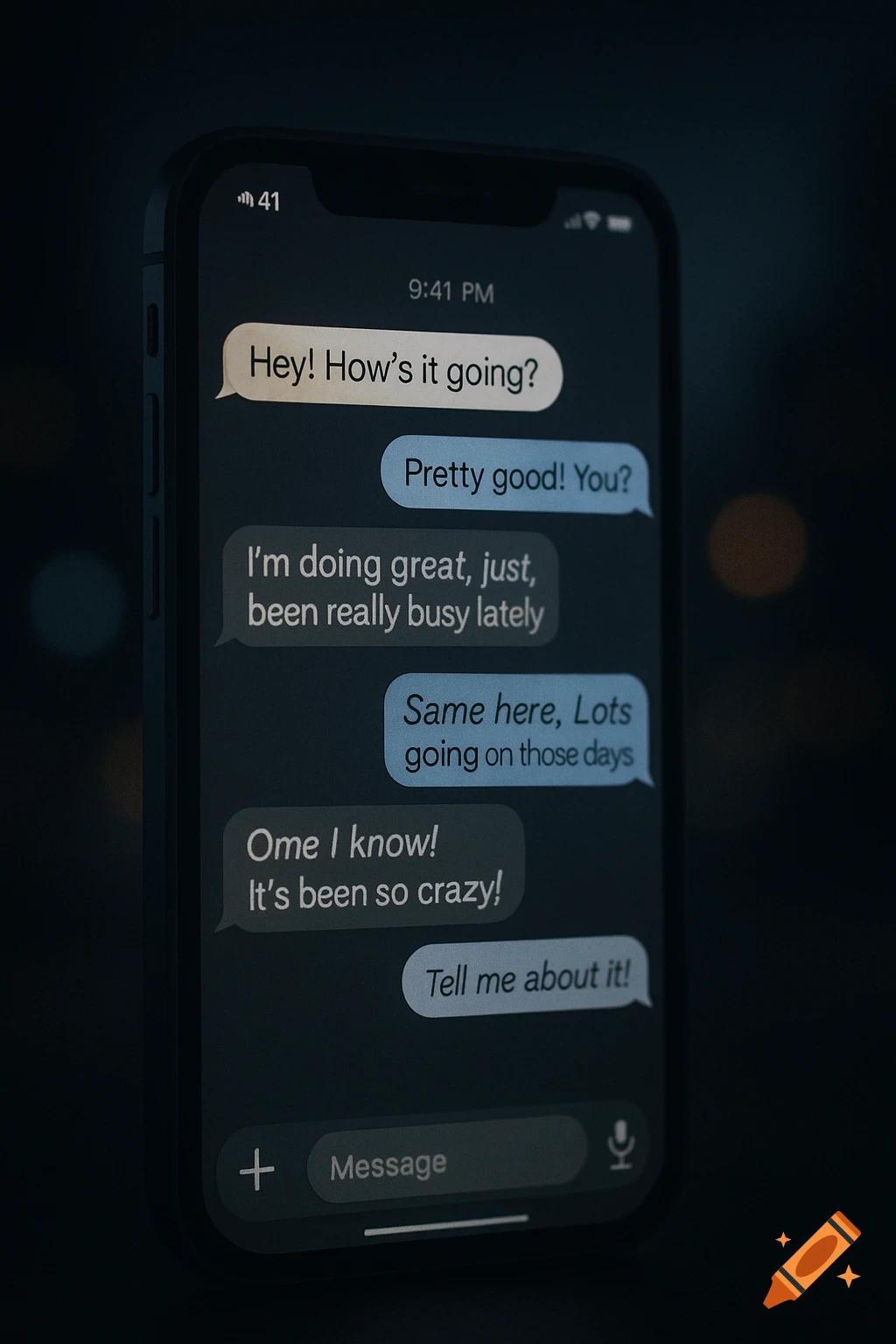 A close-up of a smartphone screen displaying a text message conversation in dark mode.