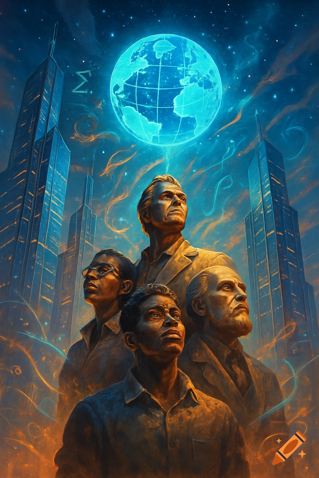 Four diverse men in a painterly style look up at a glowing blue Earth above futuristic skyscrapers under a starry, cosmic sky.