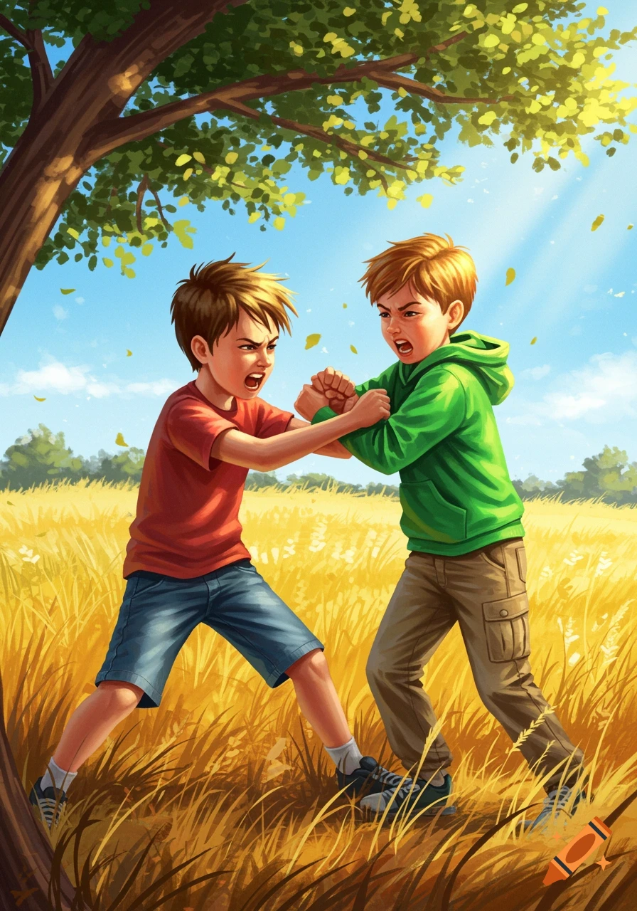 Two young boys in a cartoon illustration are fighting in a golden field under a green tree.