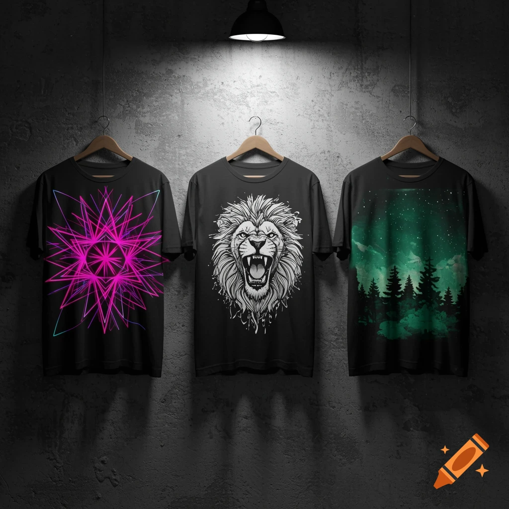 Three black t-shirts featuring a pink geometric design, a roaring lion, and a forest scene, hanging on a textured wall.