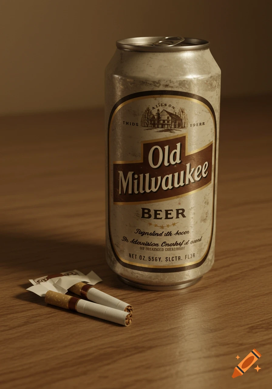 A photorealistic still life of a tall can of Old Milwaukee beer and two cigarettes on a wooden table.