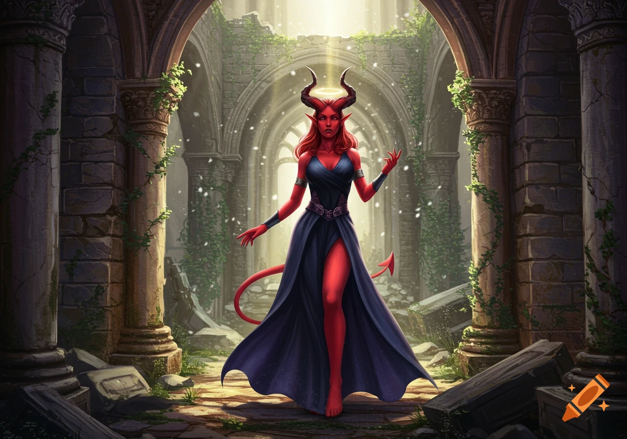 A crimson-skinned Tiefling woman with horns and a halo stands in a ruined building, in a fantasy illustration style.