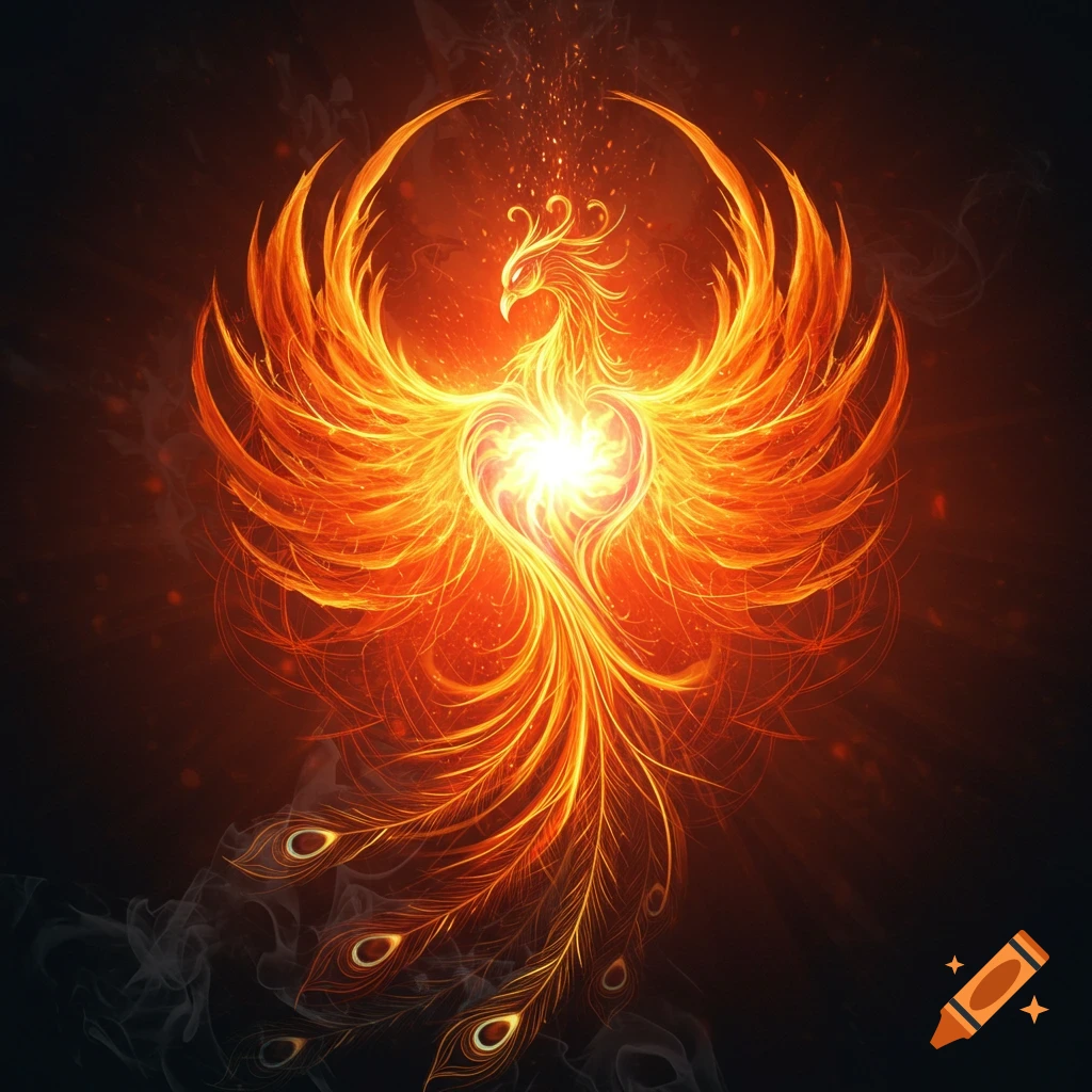 Abstract vibrant phoenix made of swirling orange and yellow flames rising from a glowing heart, against a dark background with smoke.