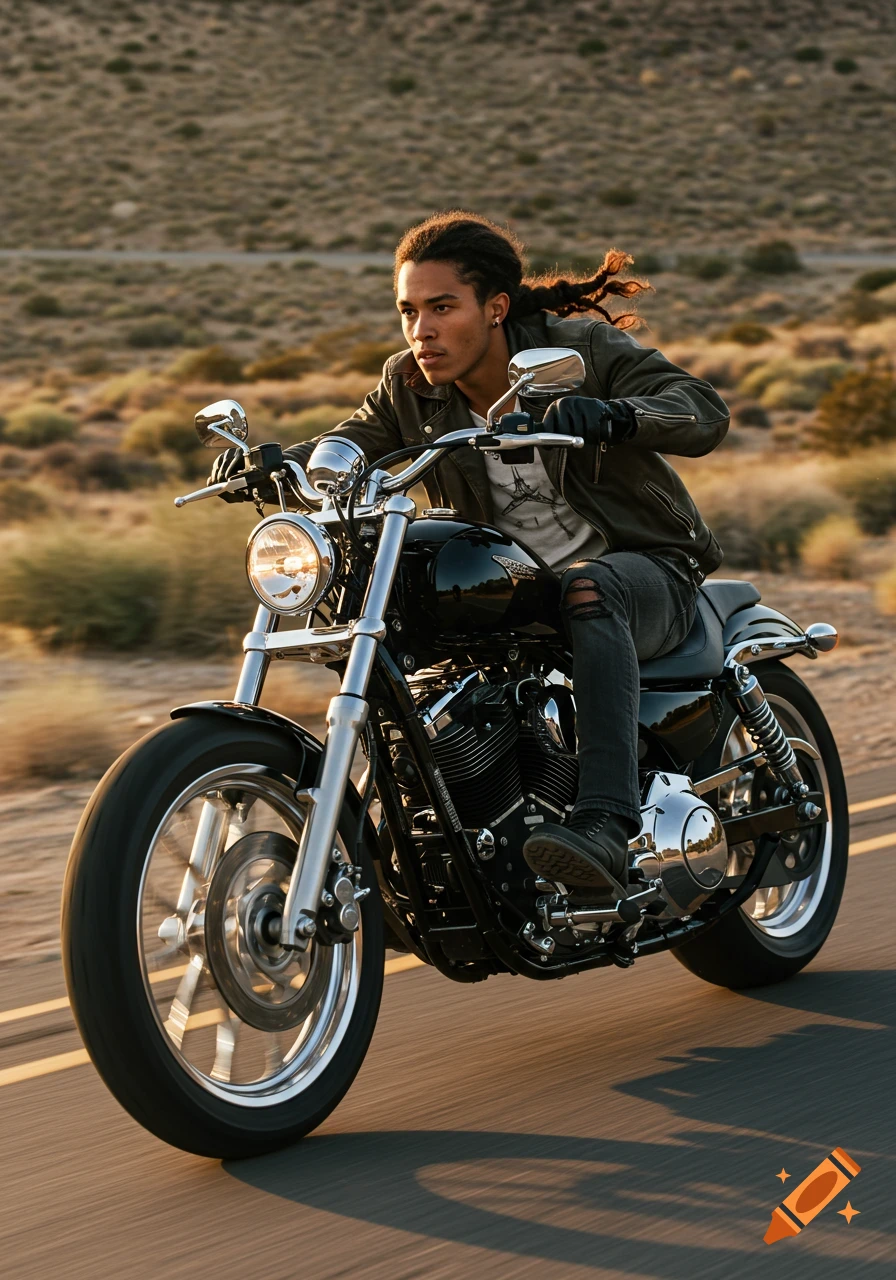 A young man with dreadlocks rides a black chopper motorcycle on a desert road during sunset, wearing a leather jacket.