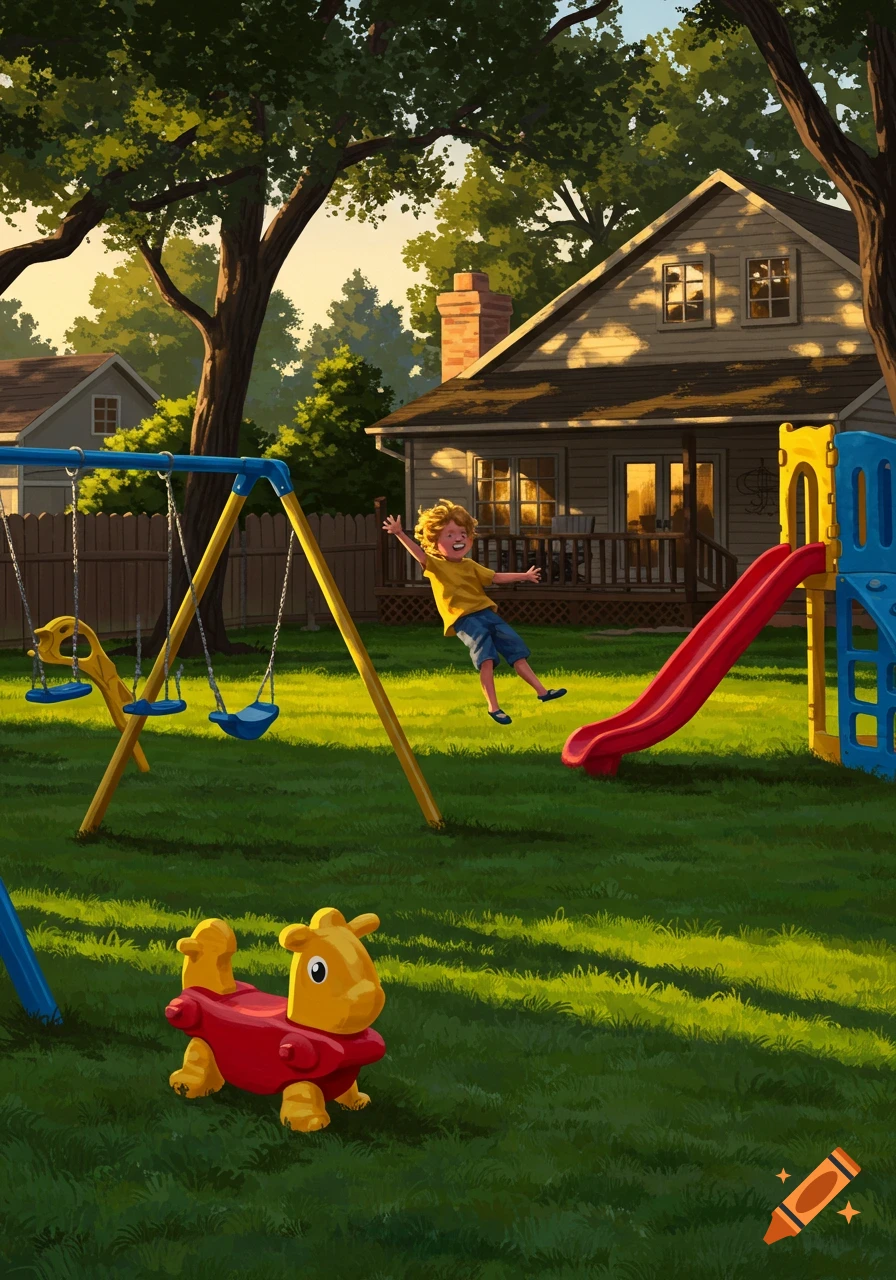 A happy boy jumps off a red slide in a vibrant backyard playground at sunset, with green grass and a house. Stylized illustration.
