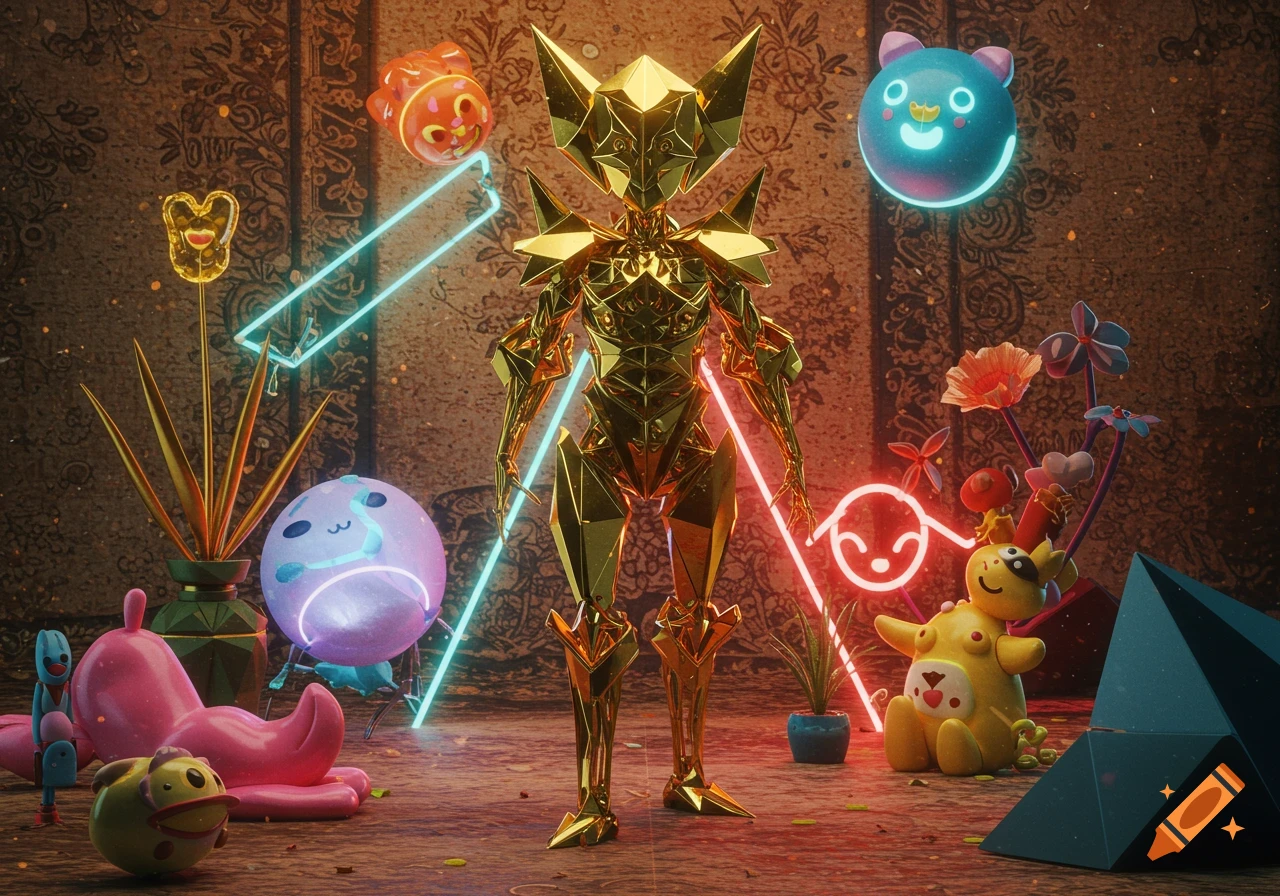 A surreal scene with a golden, geometric robot character surrounded by glowing neon shapes and whimsical cartoon creatures.