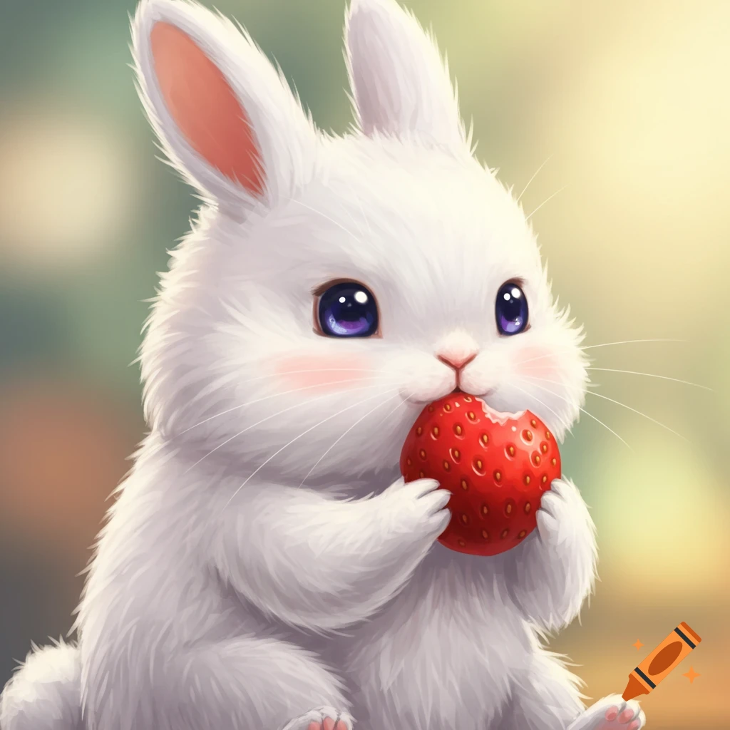 A fluffy white bunny in cute anime style holds and chews a big strawberry.