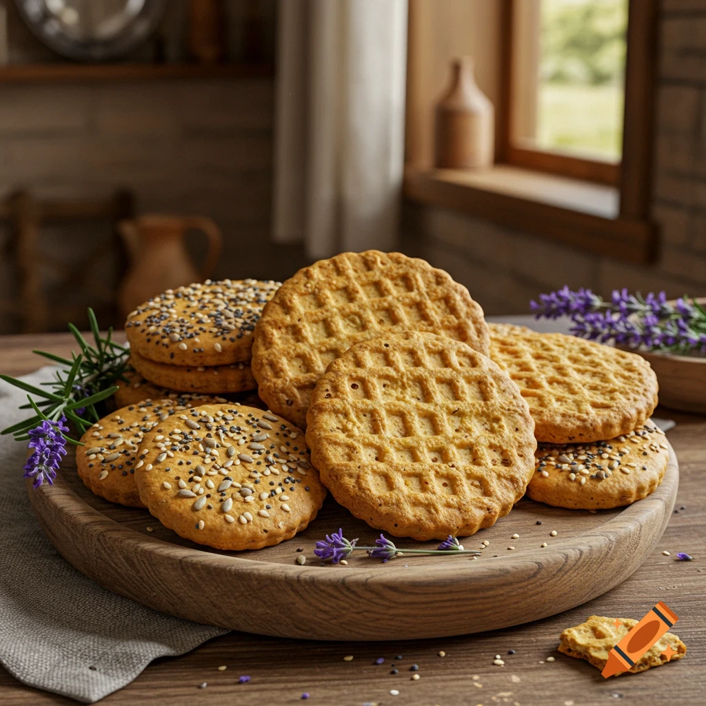 A close-up, photorealistic image of round crackers with seeds and waffle patterns on a wooden board with lavender sprigs.