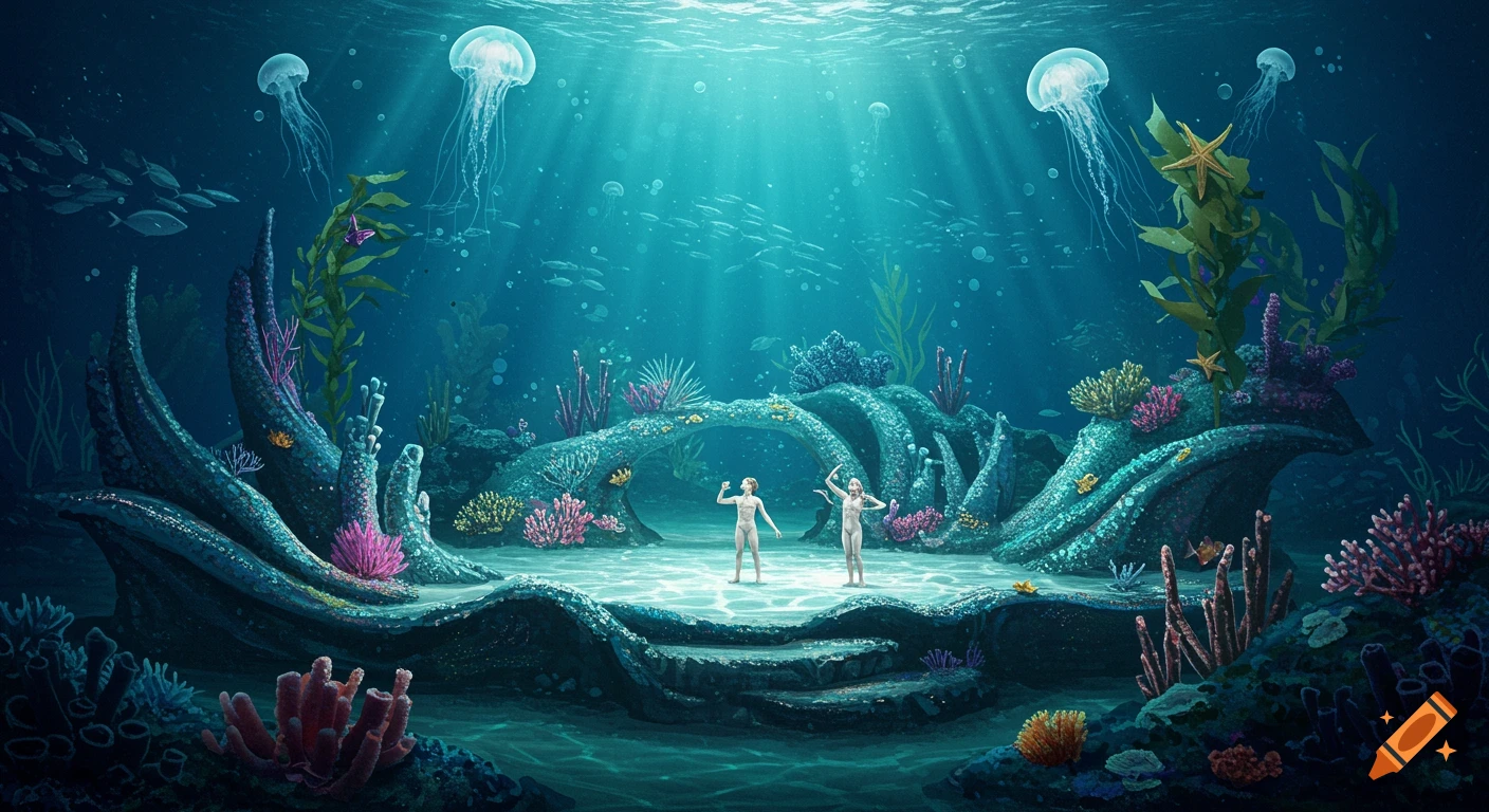 A vibrant underwater stage with two figures, surrounded by glowing jellyfish, schools of fish, and colorful coral reefs in the deep blue sea.
