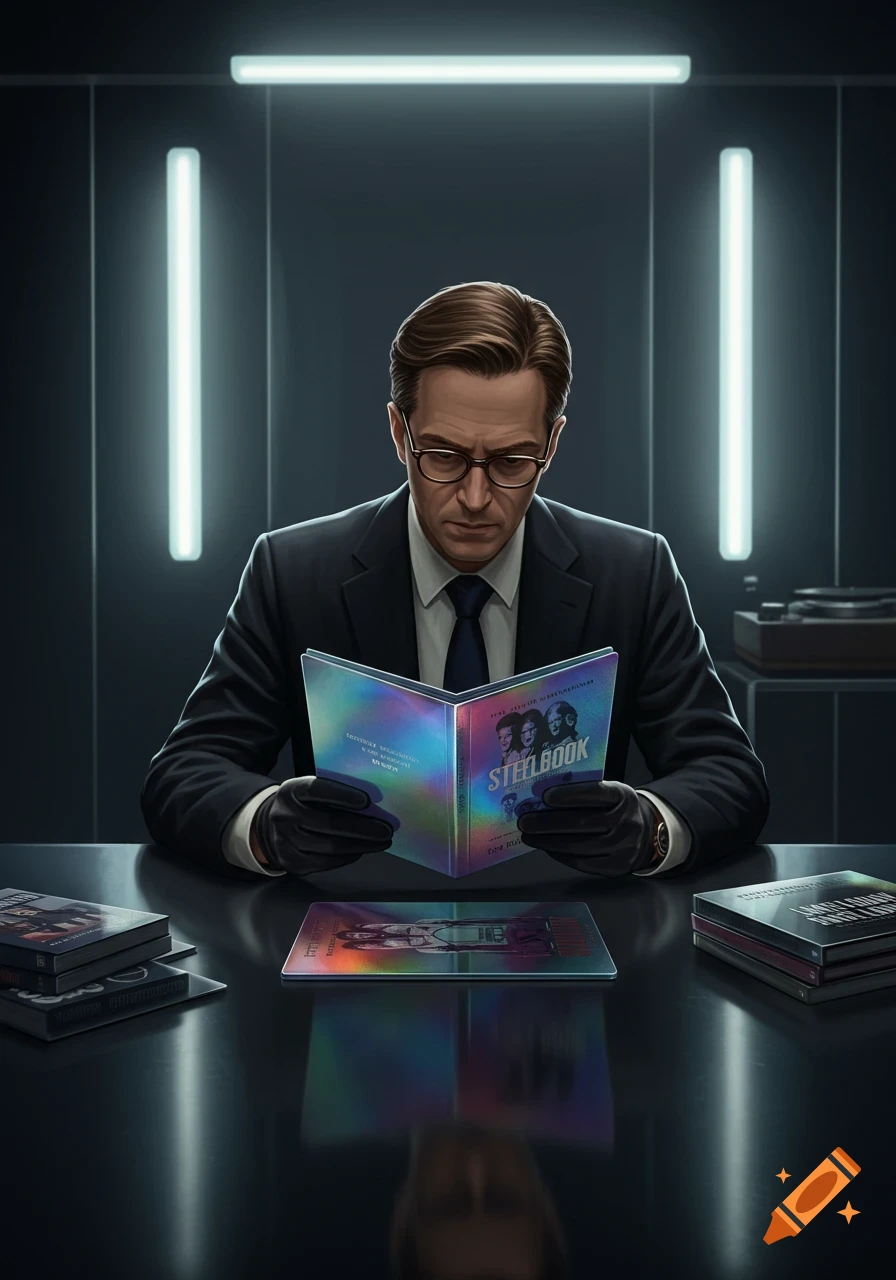 A man in a suit and gloves intently reads an open holographic book at a dark desk with other books and a turntable, illuminated by stark vertical lights.