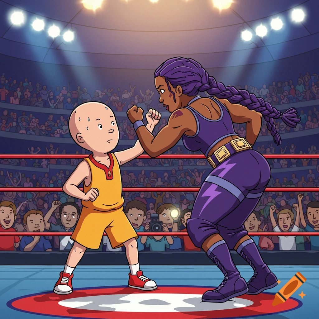 Cartoon of Caillou in a wrestling ring, facing a female wrestler with purple braids and a purple outfit, in front of a cheering crowd.